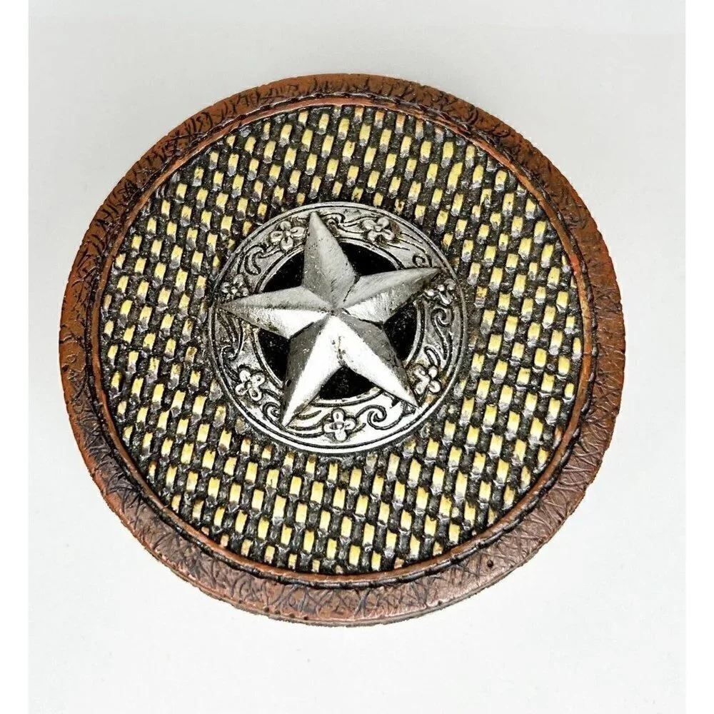 Midwest Seasons Tooled Leather Texture Round Resin Silver Star Trinket Box